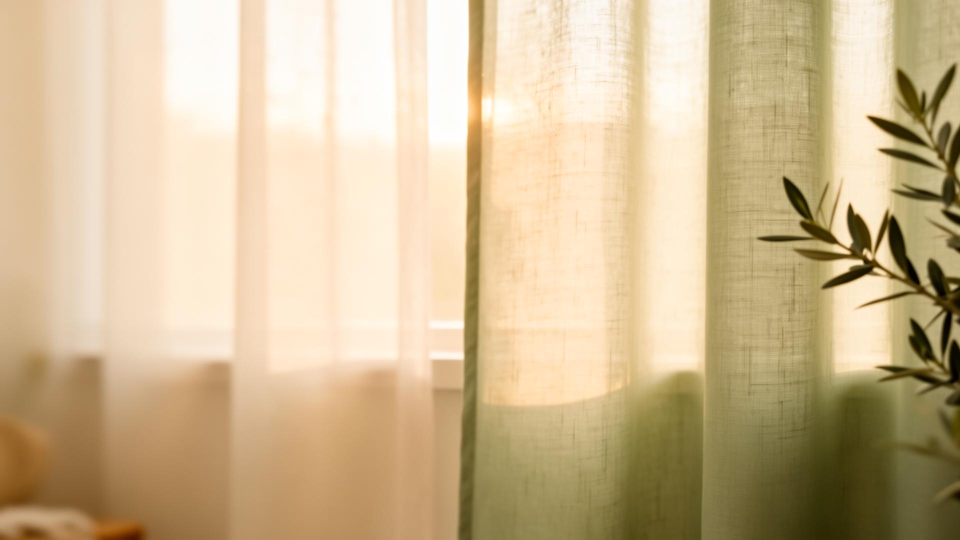 Warmes, ruhiges Licht durch Leinenvorhang